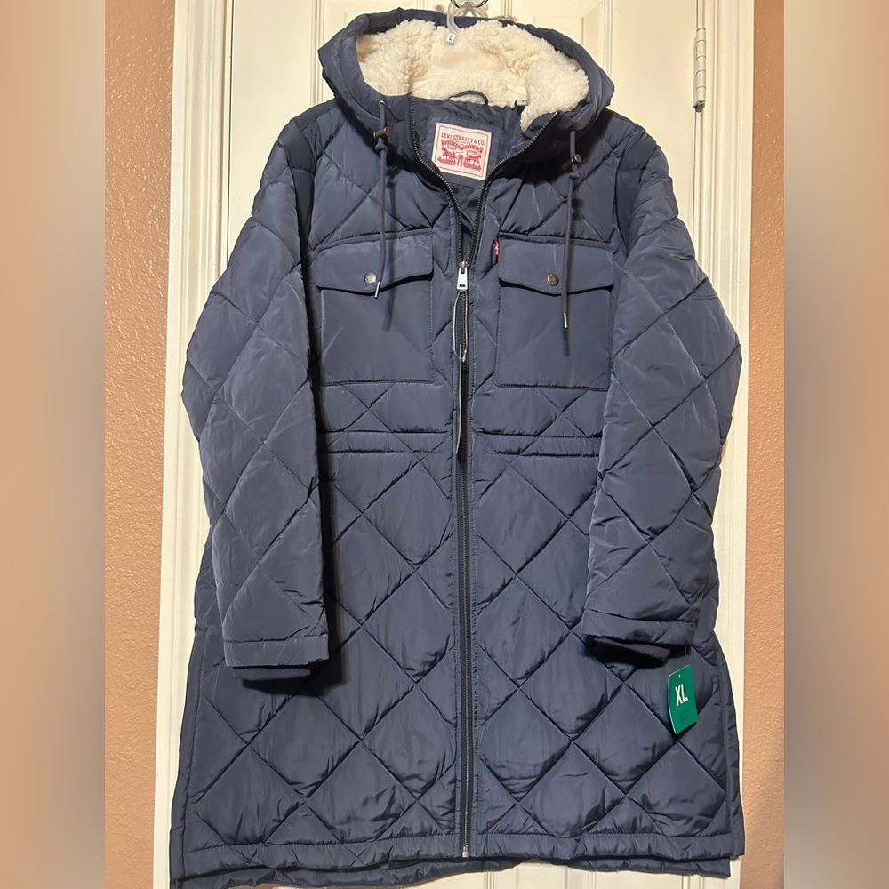 Levi's Women's Soft Sherpa Lined Diamond Quilted Long Parka Jacket XL NWT - Picture 2 of 10